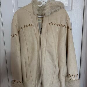 Cream Suede Teddy Jacket with Faux Fur Trim